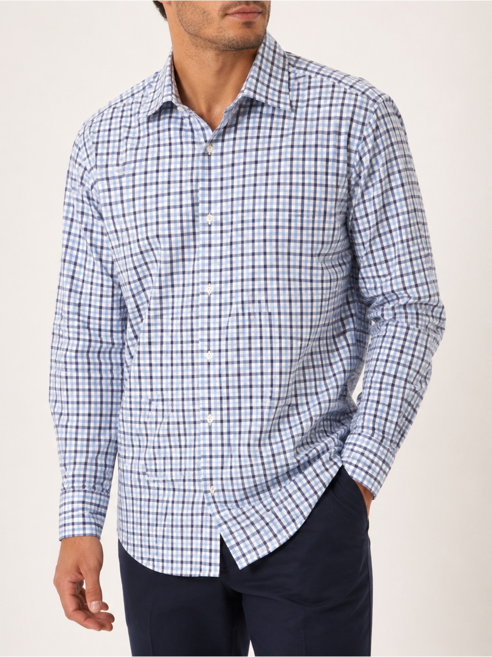 Ike Behar Men’s Blue Gingham Check Dress Shirt Made in Italy 15.5